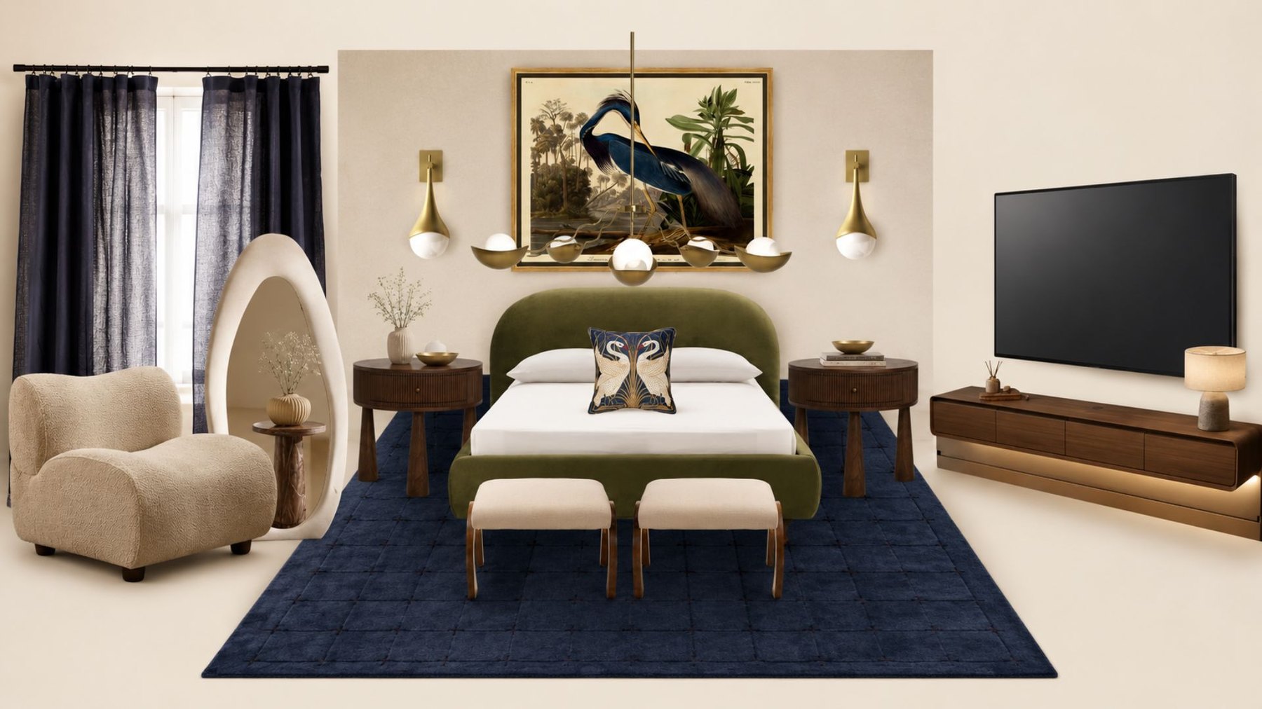 Bedroom design with blue rug and green headboard
