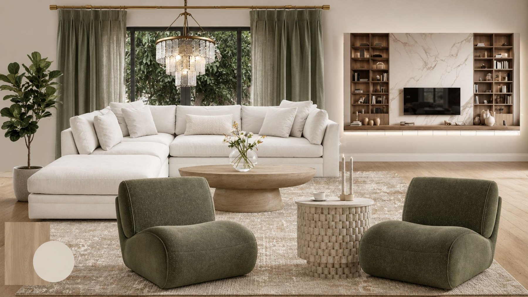 Neutral living room with sage green lounge chairs