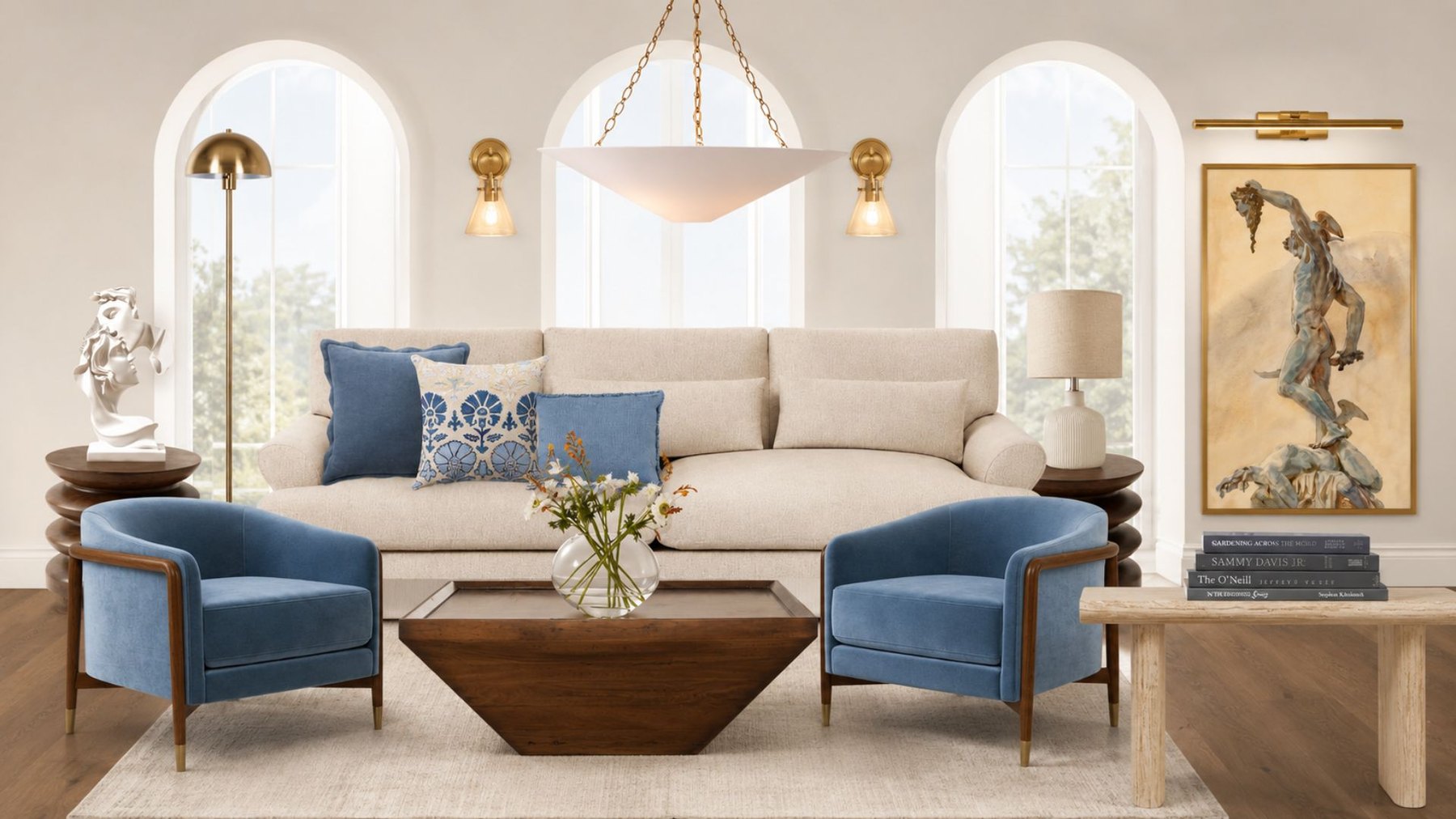 Living room with blue chairs and arched windows