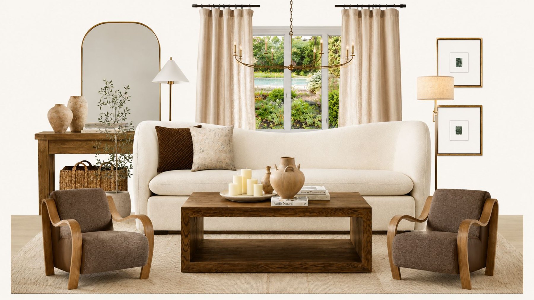 Comfortable neutral living room design with warm wood accents