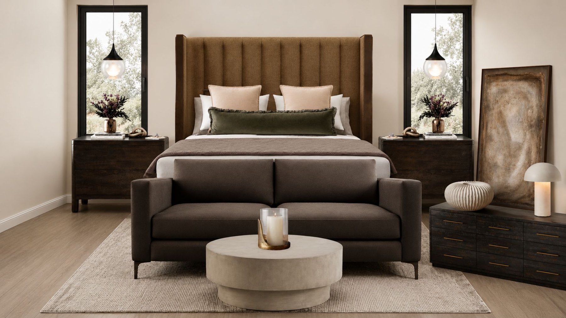Primary bedroom design with neutral bedding
